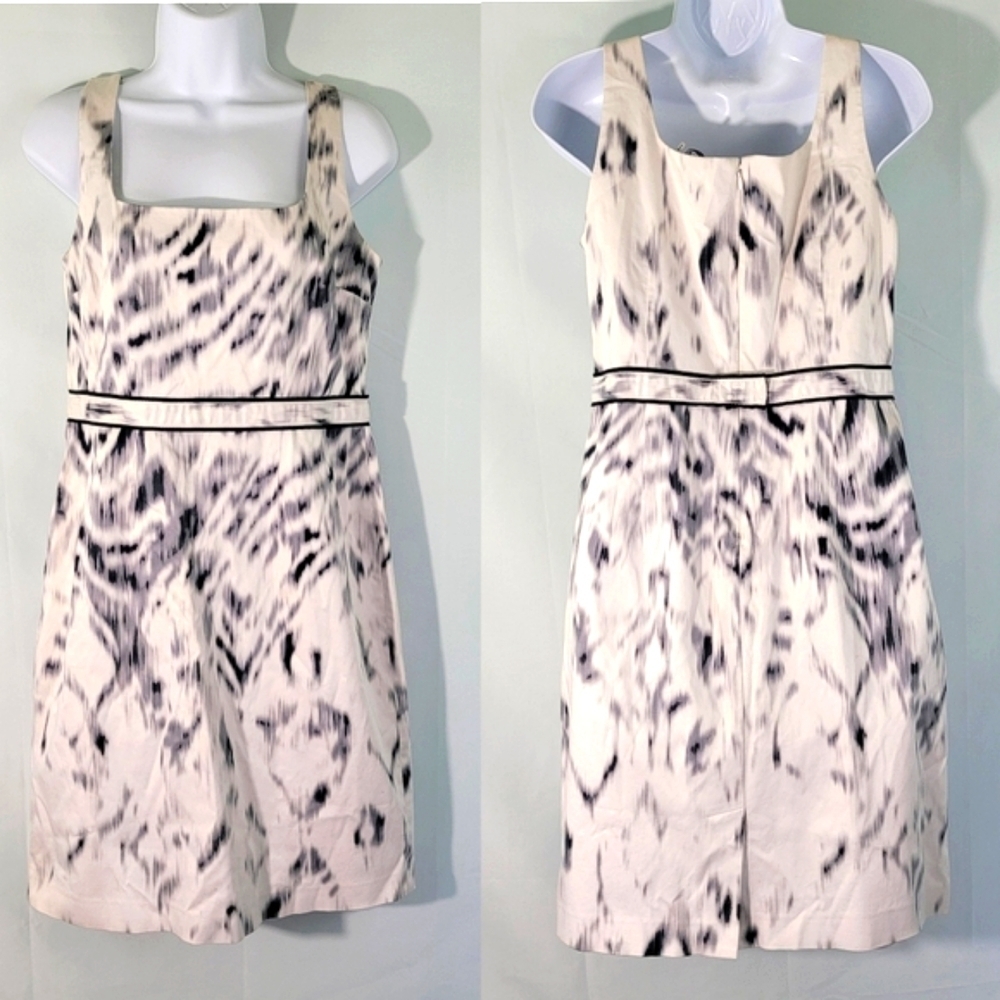 Elie Tahari Black/White Abstract Print Boat Neck Belted Cocktail Dress Size 6